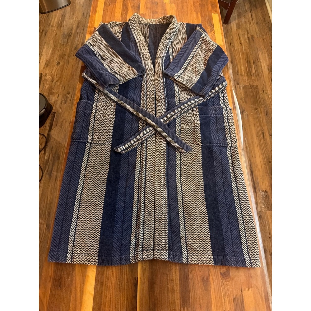 Vintage Striped Terry Cloth Robe Navy Tan Herringbone Belted Pockets Mens XL